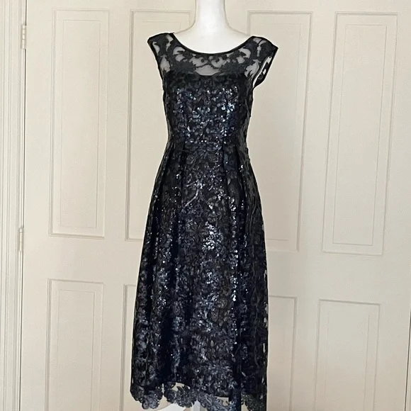 Kay Unger navy black embellished tea length gown 4 - Picture 4 of 13